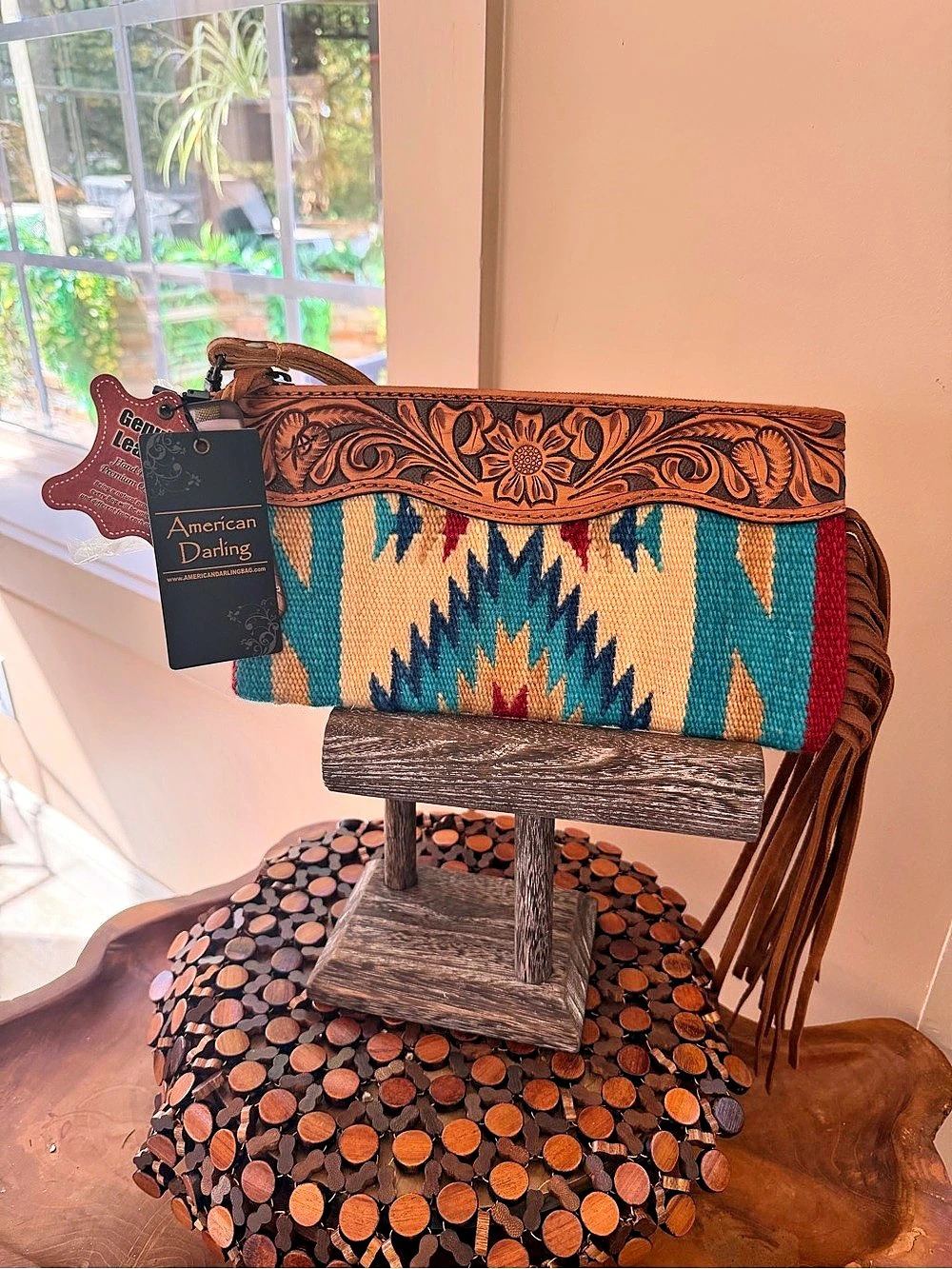American Darling Western Saddle Blanket Clutch Handbag Genuine Tooled Leather